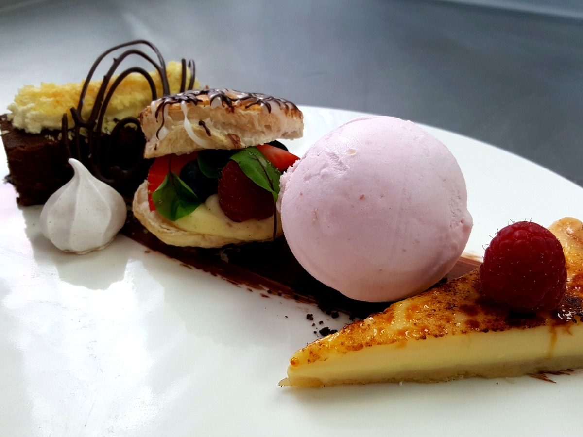 Selection dessert plate with pink sorbet